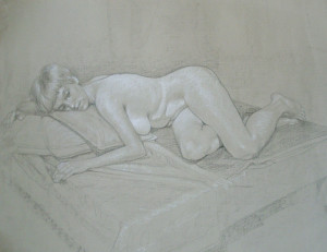 Daniella Life drawing Black wax stubby and white chalk for website